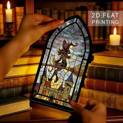 Glow-In-The-Dark Painted Glass Witch Cat Owl Bookends And Book Corner Shelf Decor - Suitable For Book Lovers, Exquisite Bookshelf Decoration With Cozy Book Corner Sign, Ideal Housewarming Christmas Gift For Library, Witch Theme For Book Lovers (Candle Not Included), 2D Flat Design