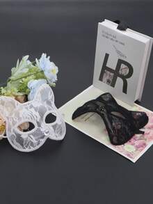 2件組萬聖節嘉年華蕾絲半臉貓咪化裝舞會面具 Cosplay 動物黑白貓臉 - A - 查看 3