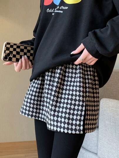 1 Pc Black And White Plaid Hip Skirt, Fashion Hip Skirt, Lace Skirt, Can Be Matched With A-Line Skirt, Hem, Hip Curtain, Mini Skirt.