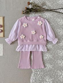 Baby Girls 2pcs Casual Set With 3D Floral Ribbed Flare Pants - Pink - View 6