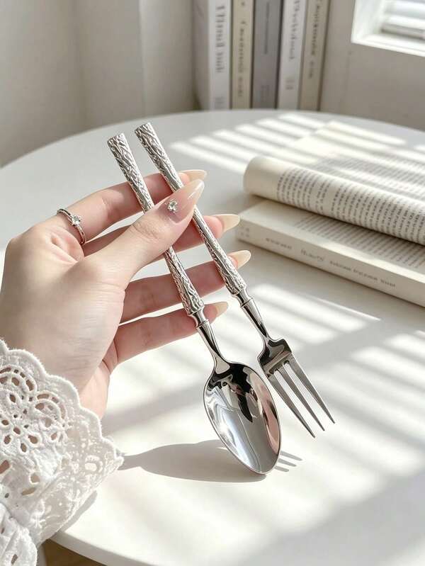 Set Garpu & Sendok Dessert Stainless Steel 1/2 Buah, Peralatan Makan Logam Tahan Lama untuk Dapur, Restoran, Pesta Pernikahan, Hadiah Festival Ideal, Hadiah Halloween