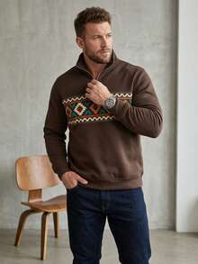Men's Geometric Pattern Thickened Half-Zip Stand Collar Sweatshirt, Casual Long Sleeve Sweatshirt, Autumn/Winter - Multicolor - View 3