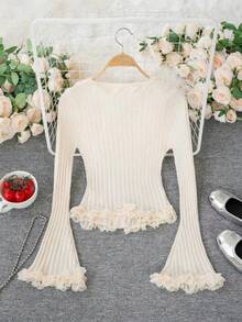 Cardigan Sweater Rajut Bergaris dengan Hiasan Renda Bergelombang, Lengan Panjang Pas Badan, Warna Beige, Atasan Elegan untuk Musim Gugur/Dingin, Cocok untuk Acara Santai dan Pesta. - Aprikot - View 8