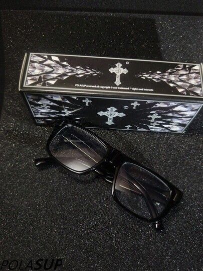 1pc "Diamond Heart Cross" Shiny Casual Bohemian Vintage Royal Style Party Cute Sexy Office Street Elegant All-Season Classic Men's Retro Flat Lens European And American Plug-In Large Frame Glasses Thick Temple Cross-Border Hot-Selling Flat Lens Personalized Fashion Square Acetate Frame Metal Decoration Flat Lens Temple Inlaid Heart Cross Rhinestone