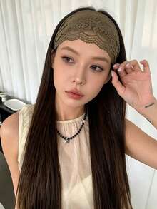 1pc Women's Mori Style Pastoral Olive Green Lace 15cm Wide Hollow Mesh Breathable Elastic Headband - Olive Green - View 5