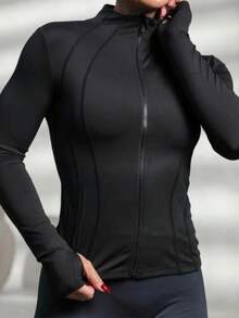 Jaqueta Esportiva Feminina com Zíper Manga Longa para Academia, Treino e Fitness - Preto - Visão 3