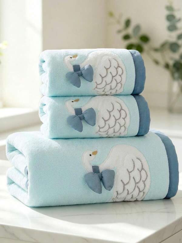1/3pcs Approx. 16*32in/32*59in Large Coral Fleece Bath Towel, Embroidered Black Swan 3D Cute Bow With Contrast Wide Border, Quick-Drying Absorbent For Bathroom Shower, Student Back To School/Spa/Valentine's Day Gift