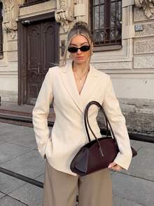 Women's Fashion Beige Woven Fabric Blazer, Front Button Design, With Pockets, Autumn/Spring New Minimalist Style Cinched Waist Apricot Blazer, Elegant OL Commute Slim Fit Flattering Blazer Jacket - Apricot - View 3