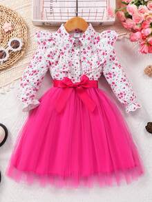 Young Girl Floral Print Mesh Long Sleeve Dress With Waist Belt - Hot Pink - View 3