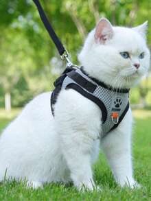 2 Peças Conjunto de Peitoral e Guia de 1,5m para Gato e Cachorro, Conjunto de Colete Reflexivo com Um Clique, Design com Gancho e Fivela, Anéis D Duplos nas Costas, Anel no Peito - Cinza - Visão 6