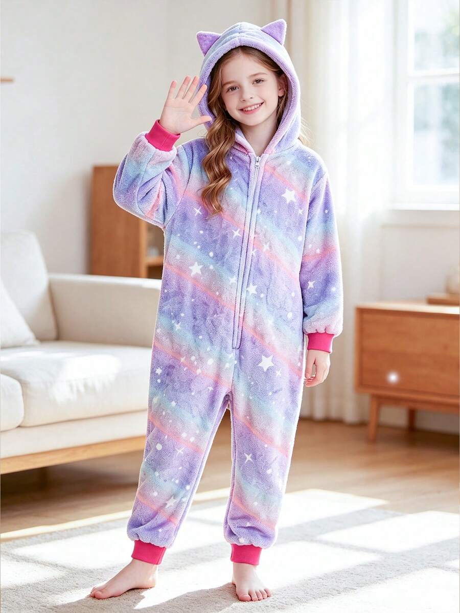 Tween Girl Purple Starry Sky Cat Ear One-Piece Loungewear - Multicolor - View 1