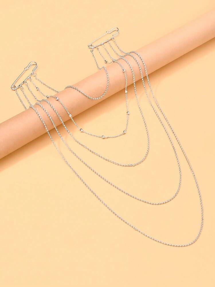 1pc New Multi-Layer Fine Chain Brooch, Niche Design, Light Luxury, Fashionable Versatile Suit Coat Decoration Tassel Brooch - Silver - View 4