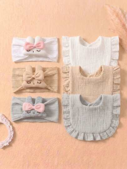 6PCS Girls Princess Summer Fresh Color Cute Ruffle Baby Bibs, Soft Skin-Friendly Baby Bow Headband, Newborn Fontanelle Protection Hair Accessory, Suitable For Daily Wear