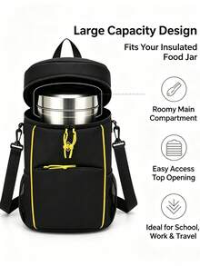Portable Tennis Bucket Bag, Lunch Tote & Crossbody Storage, Quick Flip Lid, Front Zip Pocket, Mesh Side Pockets, Adjustable Strap, Self-Standing Base. Durable Nylon, Black/Yellow. For Outdoor Sports & Commuting. - Black - View 7