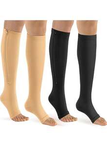 1 Pair/2 Pairs Zipper Open Toe Compression Socks, Unisex 5-20mmHg Graduated Compression, Slimming & Shaping, Easy On/Off, Knee-High Design, Suitable For Running, Sports, Fitness, Standing Work, Daily Wear - Multicolor - View 2