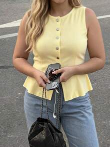 Dripcurv Plus Size Yellow Sleeveless Knitted Vest Top, Cooling For Summer,Business Casual Woman Women Button Down Knit Top,Back To School - Yellow - View 4