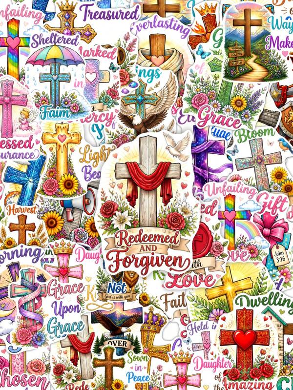 50pcs Floral Bible Stickers, Graffiti Stickers For Decorating Water Bottles, Laptops, Suitcases, Waterproof Stickers For Teens Adults, Birthday Decorations, Back To School Decor