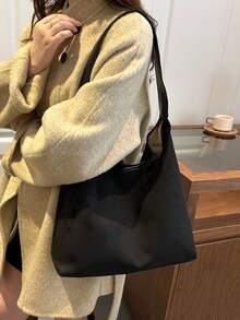 復古休閒時尚通勤大容量托特包女款，小眾單肩包 - 黑色 - 查看 4