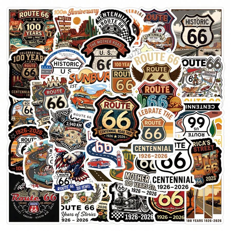 55Pcs 66 Route Stickers Scrapbook Aesthetic Stickers Funny 66 Route 100th Anniversary Stickers Motorcycle Riding 66 Route Sign Stickers Dirt Bike Stickers Vinyl Waterproof Stickers For Water Bottle,Computer,Laptop,Phone,Luggage,Notebook,Fridge