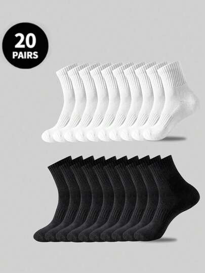 Men's Casual Mid-Calf Socks, White, Black Autumn/Winter Sports Socks, Available In 20/10/5/1 Pairs