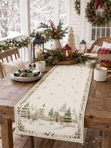 1pc Cream Winter Village Christmas Table Runner, Vintage Linen Rectangular Snow House Pine Tree Snowflake Star Moon Holly Berry Print Tablecloth, Suitable For Dining Table, Kitchen, Buffet, Christmas Dinner, Holiday Party And Winter Home Decor - Multicolor - View 5