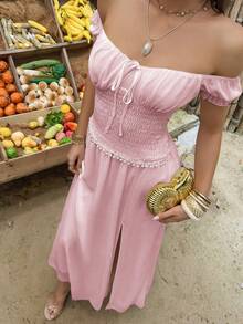 Women's Elegant Pink Off-Shoulder Short Sleeve Fitted Dress With Slit Design, Perfect For Formal Occasions Or Bridesmaid Dress - Pink - View 3