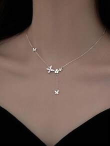 1pc Sweet Luxury Tassel Butterfly Flower Necklace Suitable For Women's Daily, Festival And Party Wear - Silver - View 3