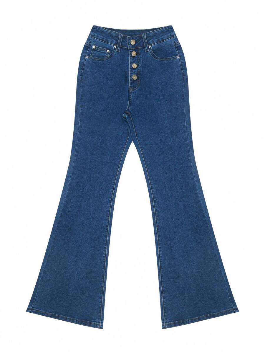 Women's Mid-Blue Stretch Flare Jeans, High Waist Button Fly Micro-Flare Denim Pants, Autumn/Winter Vacation Style - Medium Wash - View 1