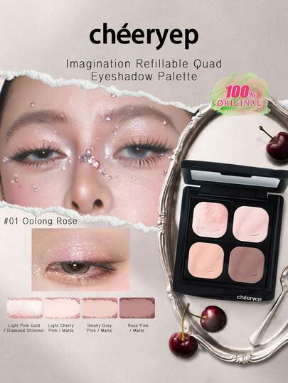 chéeryep Palet Eyeshadow 4 Warna Imagination yang Dapat Diganti 01 Oolong Rose, Sistem Magnetik DIY, Velvet Matte Baked Shimmer Glitter Metallic, Warna Cerah yang Dapat Dilapisi, Tahan Lama, Ringan, Ukuran Portabel untuk Perjalanan, Untuk Pemula, HADIAH