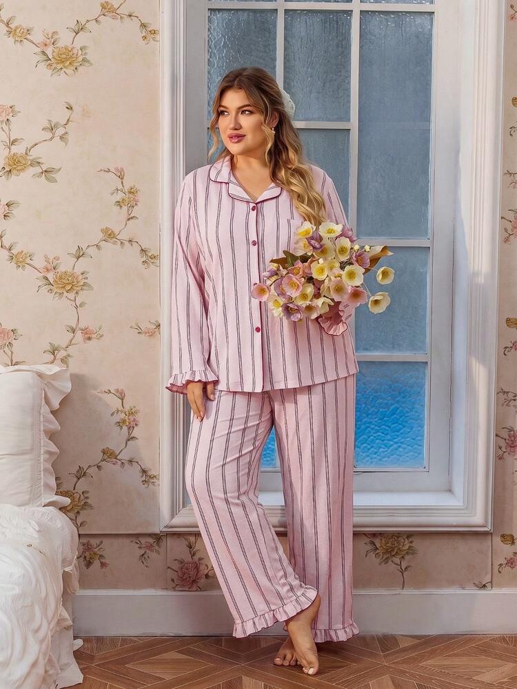 Slouchy Plus Size Bubble Fleece Long Pajama Set, Pink Striped Ruffle Trim Lapel Cardigan For Women - Pink - View 5