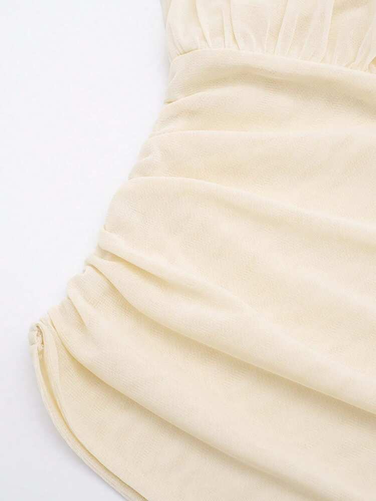 VINOVA Women's Ruched Mesh Fabric Mock Neck Cap Sleeve Slim Fit Crop Top,Summer,Elegant,Casual,Going Out - Beige - View 5