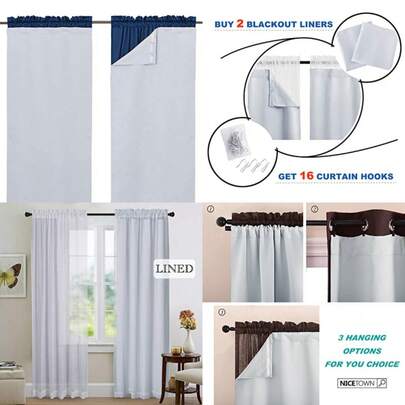 Out Curtain Liners For 95" Curtains - Out Curtain Liners For Drapes, Out Fabric Liners For Bedroom Hooks Included 2 Panels, 45W By 88L Per Panel Inch