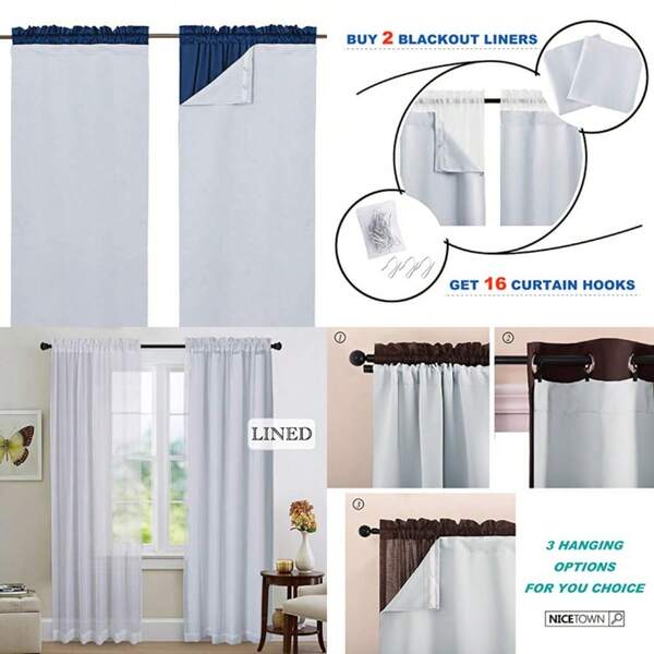 Out Curtain Liners For 95" Curtains - Out Curtain Liners For Drapes, Out Fabric Liners For Bedroom Hooks Included 2 Panels, 45W By 88L Per Panel Inch