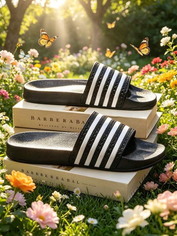 1 Pair Black & White Striped Classic Slip-On Sandals, Lightweight Breathable Soft Sole, Q-Elastic, Suitable For Indoor, Outdoor, Beach, Sand, Etc.