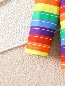 2pcs/Set Baby Girl Cute Colorful Rainbow Striped Contrast Color Round Neck Top, Letter Embroidered Ruffle Strap Romper Set, Fun Cartoon Outfit, Suitable For Christmas Party, Travel, Autumn/Winter Wear, Gift - Blue - View 6