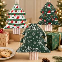 6Pcs Snowflake Stocking Print Tree Shaped Gift Bags, Festive 100% Polyester Drawstring Mini Candy Pouch Hanging Ornament For Xmas Party Decor - Multicolor - View 5