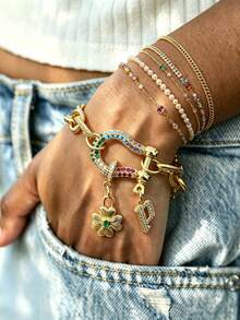 1pc Women's Elegant Letter Pendant Bracelet, Colorful Diamond Horseshoe Clasp, Four-Leaf Clover Pendant, Suitable As A Beautiful Gift For Women On Holidays - Multicolor - View 1