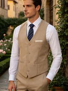 Vest For Men Solid Formal Suit Waistcoat With Wide Pockets For Business Wedding Party Outfit To Match Men Suits - Champagne - View 11