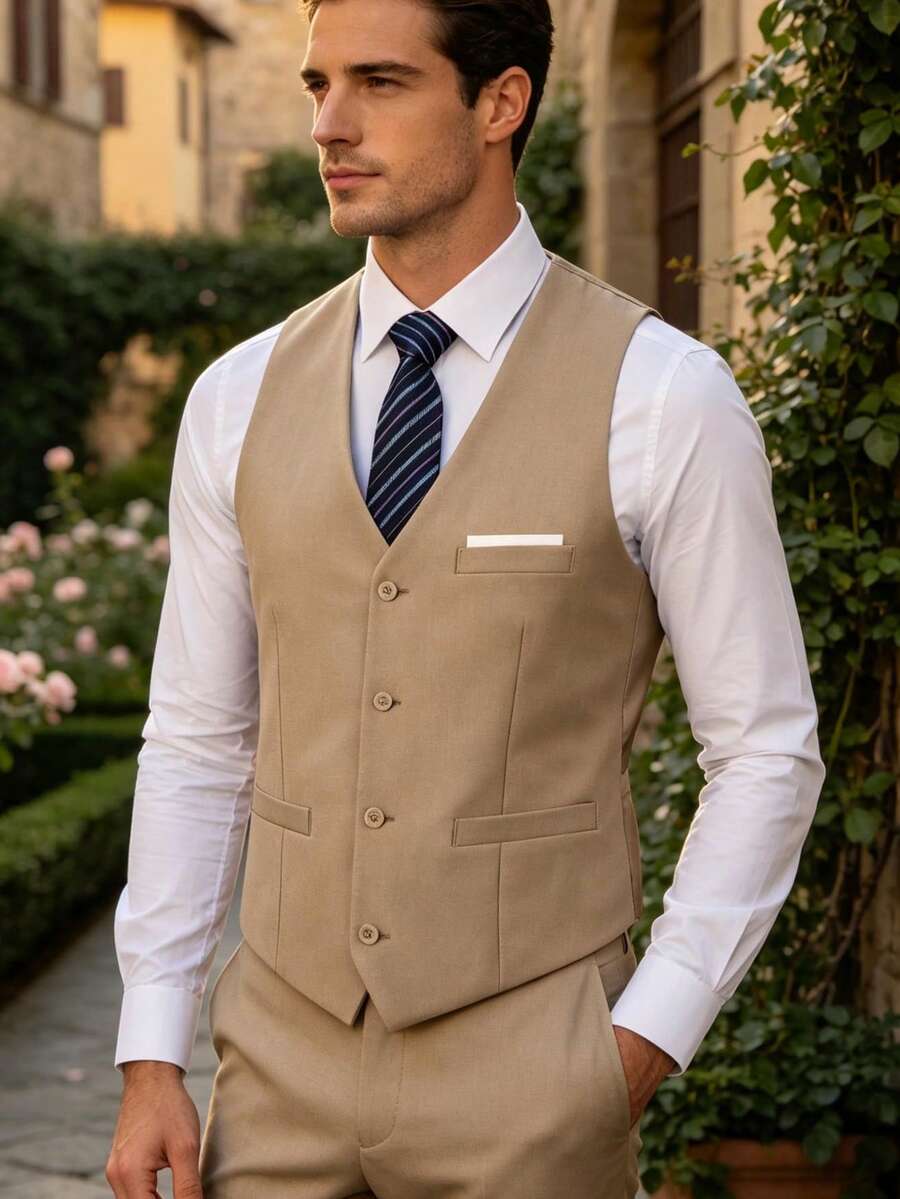 Vest For Men Solid Formal Suit Waistcoat With Wide Pockets For Business Wedding Party Outfit To Match Men Suits - Champagne - View 1