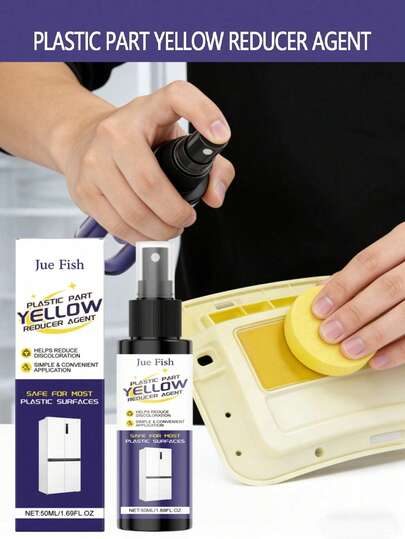 JUE FISH 1pc/50ml+Sponge Plastic Cleaner & Restorer, Removes Yellowing And Restores Original Color, Suitable For Daily Home Use And Deep Surface Cleaning, Widely Applicable To Car Exterior Plastic, Tire Sidewalls, White Appliance Shells Of Air Conditioners, Refrigerators, Washing Machines, Water Heaters, Rice Cookers, Water Dispensers, Toilet Seats, Sink Accessories, Plastic Storage Boxes, Cutting Boards, Draining Baskets, Hair Dryers, Irons, Humidifiers, Air Purifiers And Other Small Appliance Shells