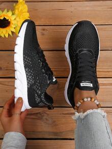 Women's Athletic Shoes Fabric Front Lace-Up Striped Decor Mesh Breathable Soft Sole Sneakers Suitable For Daily Commute And Casual Wear - Black Grey - View 3