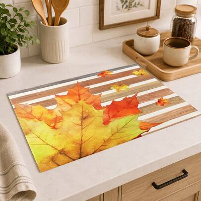 1pc Autumn Colorful Maple Leaf Pattern Diatomaceous Earth Kitchen Drain Mat, Quick-Drying Absorbent Non-Slip Coffee Machine Mat & Dish Drying Mat, Suitable For Kitchen Countertop And Holiday Home Decor