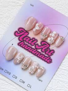 10pcs Handmade Short Almond Shape Y2K Style Nail Stickers, Nude Color, 3D White Flower, Shiny Rhinestone Chain Decor, Suitable For Women, Party, Prom, Daily Wear, Includes Tool Set - Nude - View 2
