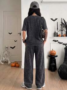 ZZG 女款棉質兩件套「Happy Halloween」南瓜圖案街頭休閒黑色水洗短袖T恤與抽繩運動長褲 - 黑色 - 查看 2