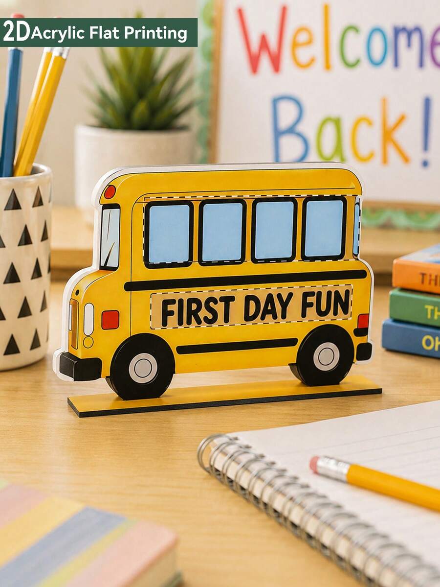 1pc Back To School Season School Bus Theme Desktop Stand Up Cartoon Bright Color Printed Desktop Ornament Suitable For Classroom Learning Area, Back To School Party, Desktop Display Decoration Gifts - C - View 1