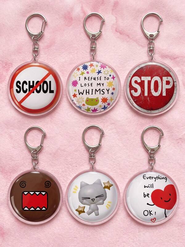 1Pc/6Pcs Funny English Slogan Cartoon Round Acrylic Keychain, Quirky Expression Healing Style Pendant, Can Be Hung On Backpack, Bag, Car Keys, Student Daily Accessory, Birthday Gift, Friend Exchange Small Ornament