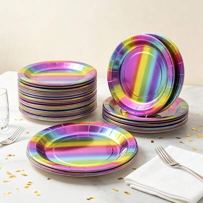 20/40/100Pack Rainbow Holographic Foil Paper Plates, 9 Inch Thickened Party Plates, Waterproof Oil Resistant Dinner Plates, For Birthday Wedding Holiday Baby Shower Celebration Party Supplies Table Decor