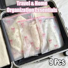 9pcs Transparent Floral Bow Zipper Storage Bags, 3 Sizes Assorted, Durable PEVA Material, Waterproof Clothing, Underwear, Toiletries, Cosmetics Storage Cubes, Essential For Travel And Home Organization, Suitable For Suitcase, Closet, Drawer, Under Bed Storage - Multicolor - View 3