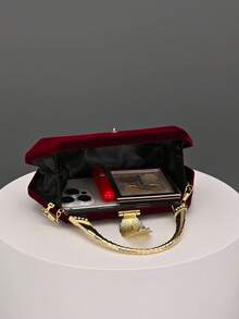 1pc Burgundy Velvet Metal Leaf Evening Clutch, Luxury Bamboo Joint Rhinestone Handle Handbag, Wedding Bride Toasting Bag, Banquet Dress Cheongsam High-End Crossbody Chain Small Bag - Burgundy - View 4