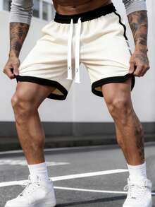 Men's Summer Drawstring Waist Colorblock Casual Daily Sports Shorts - Beige - View 5